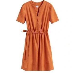 Cuyana Burnt Orange Linen Blend Short Sleeve V-Neck Shirt Dress